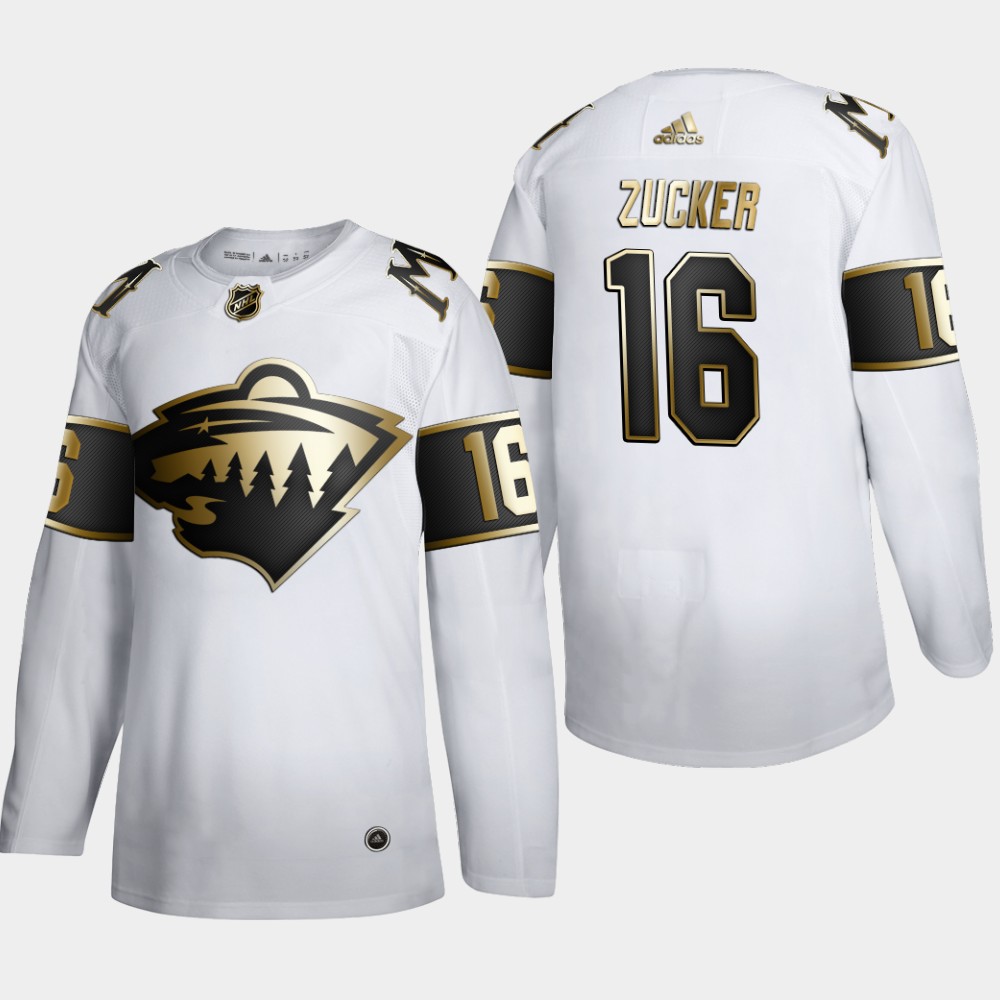 Cheap Minnesota Wild 16 Jason Zucker Men Adidas White Golden Edition Limited Stitched NHL Jersey